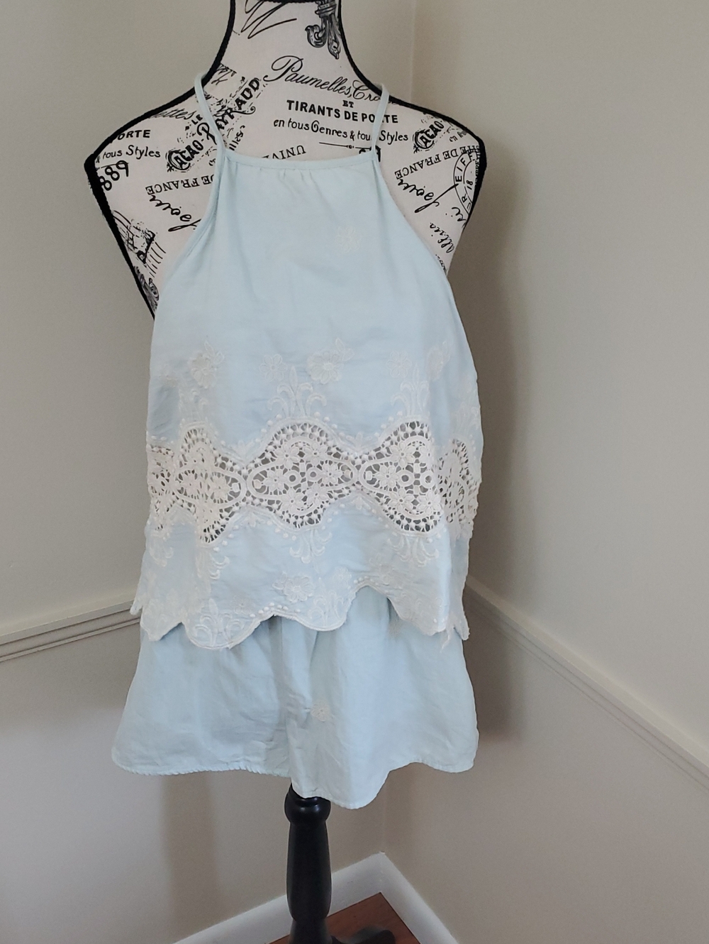 Altar’d State Crochet Romper Haltered Light Blue Large Lined Cotton